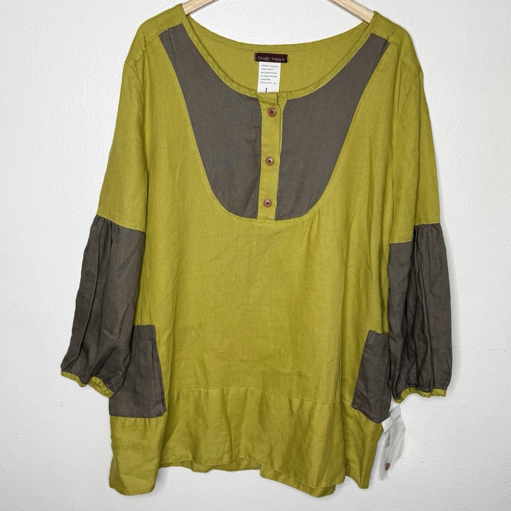 Design Today's Chartreuse Brown Lagenlook Tunic Top Linen Women's Large